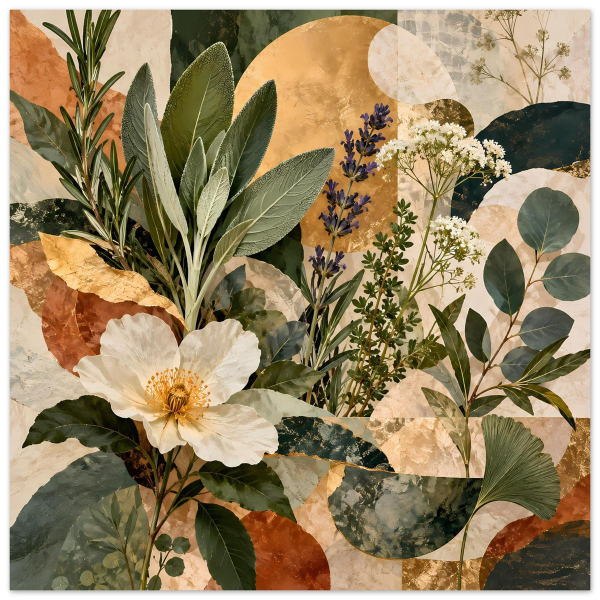 Botanisches Poster im Querformat mit weißer Blüte links und dunklen Blättern rechts