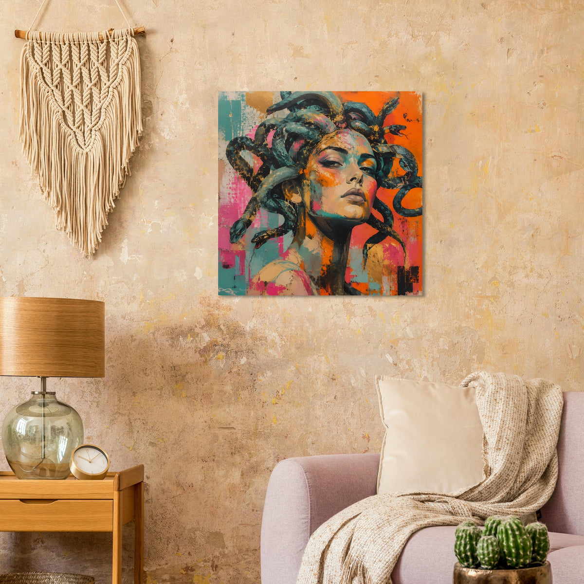 Kunstposter mit Medusa-Motiv auf Wand, Schlangenhaar in kräftigen Farben