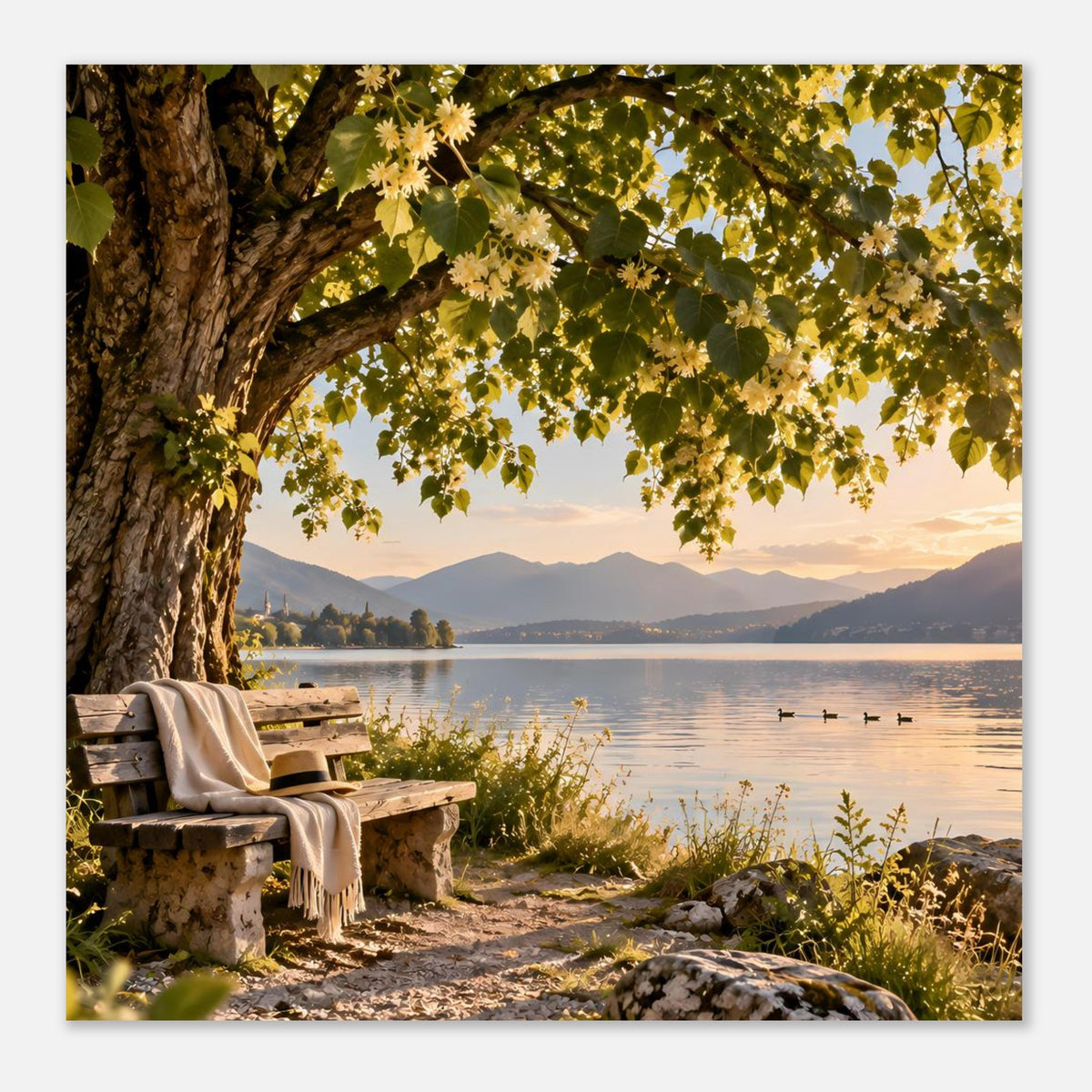 Poster: Baum mit gelben Blättern über Seeufer, Steine am Rand und ruhige Wasserfläche