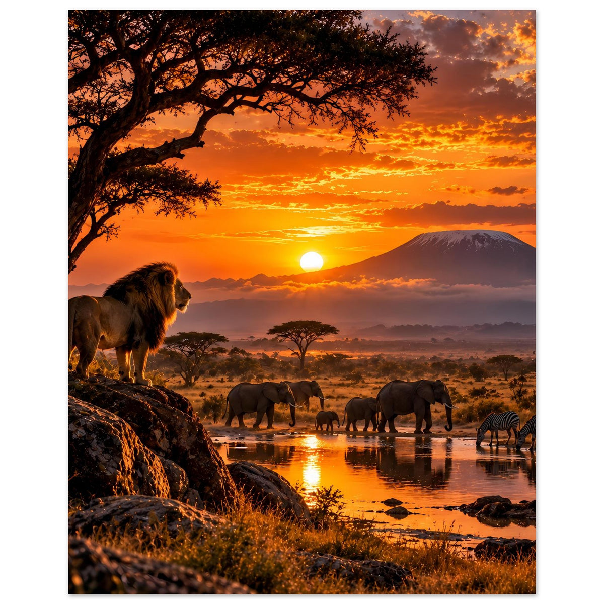 Hochformat-Safari-Poster mit Löwe links, Elefanten am Fluss und Zebras bei Sonnenuntergang
