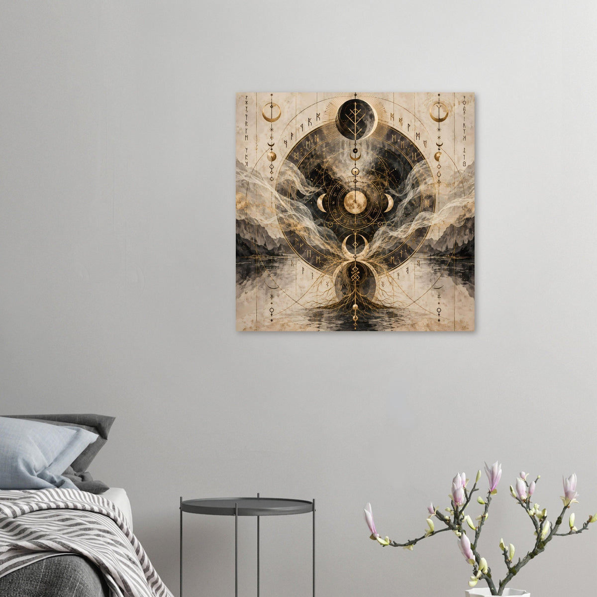 Kleines Poster mit gold-schwarzem Mandala, Mondphasen und stilisierten Sternzeichen