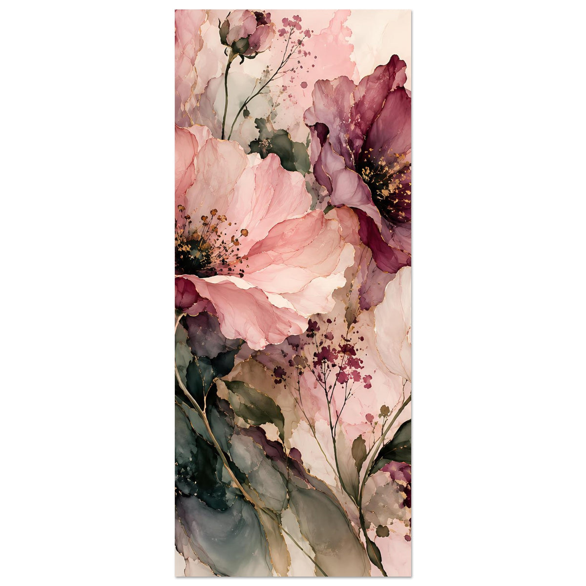 Hochkant-Blumenposter: große rosa und burgunderrote Blüten mit grünen Blättern und feinen Zweigen.