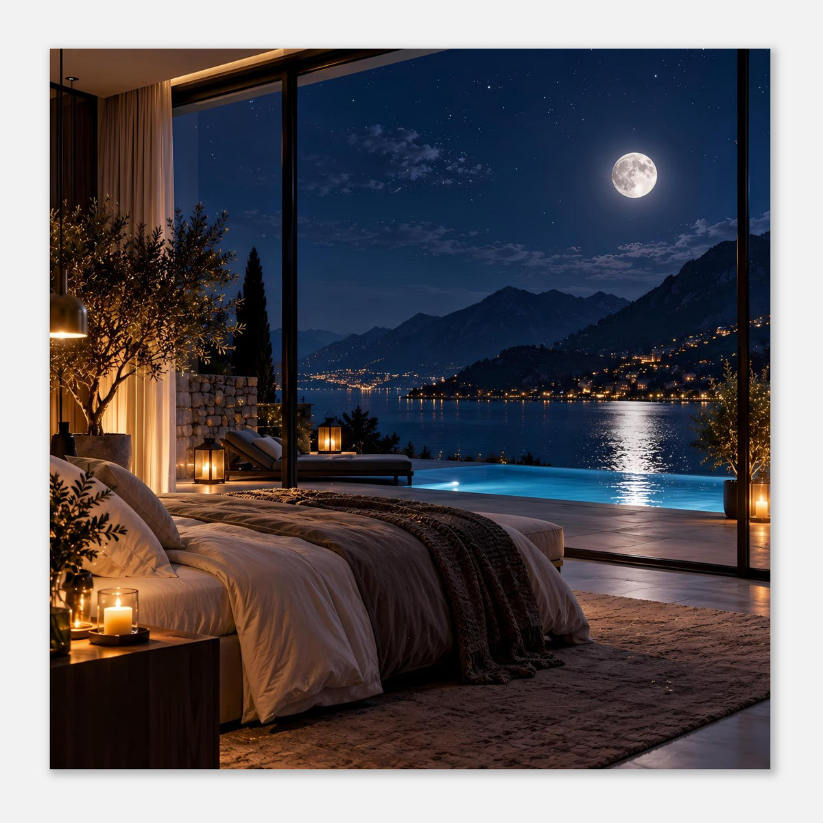 Poster mit engerem Bildausschnitt: Bett am Fenster, Mond über Bergen, See bei Nacht