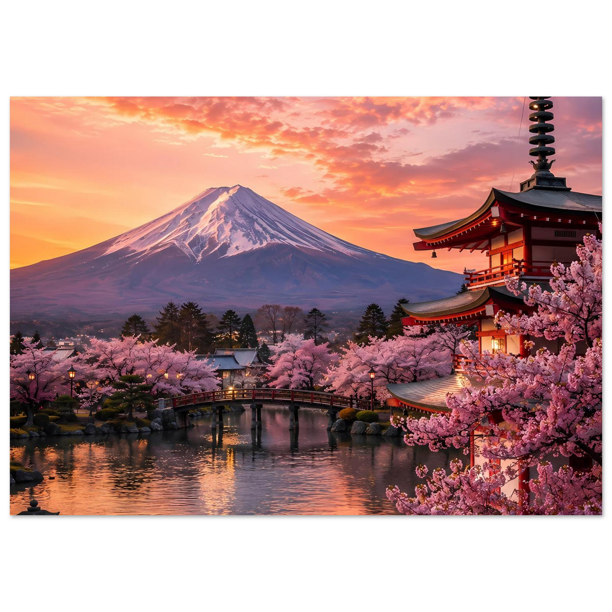 Poster mit Fuji-Berg, pinken Kirschblüten und japanischem Tempel bei Sonnenuntergang