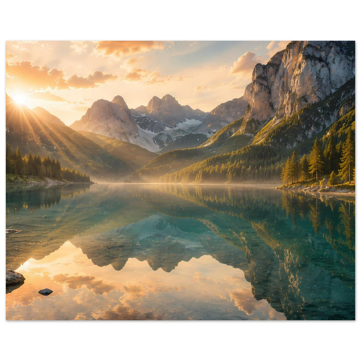 Kunstdruck mit Bergtal-See, goldener Morgenhimmel, Berge und Reflexion auf Wasseroberfläche