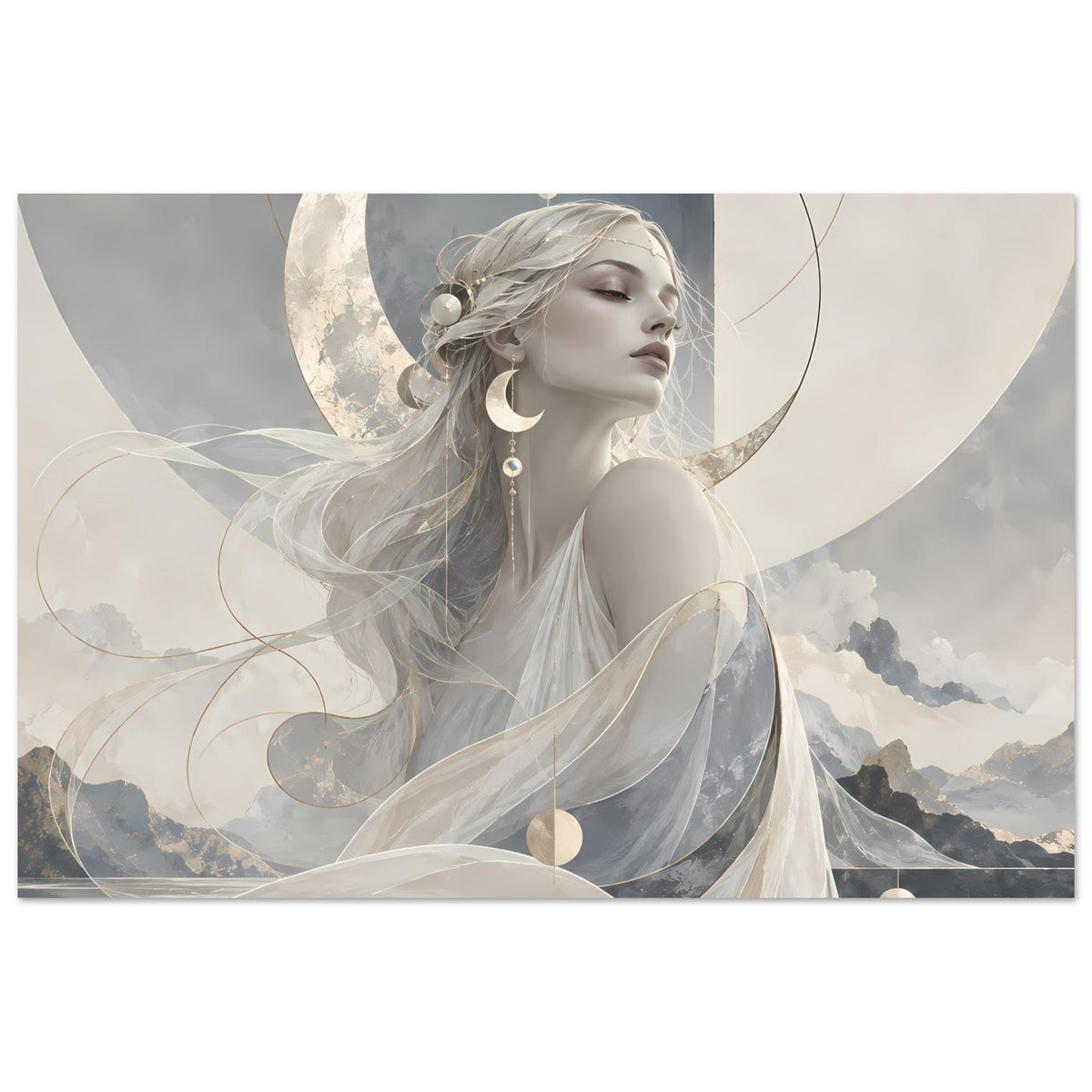 Horizontales Poster mit Mondgöttin in hellen Drapierungen vor Halbmond und Wolken