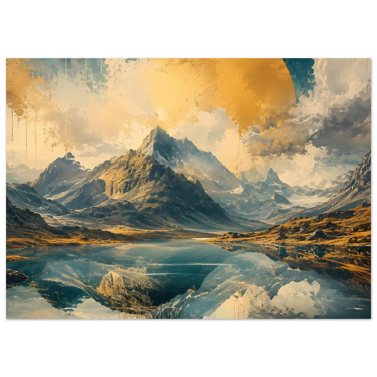 Poster mit Bergkette, Flusstal und Spiegelung, Blau-Gold, Querformat, randnaher Ausschnitt