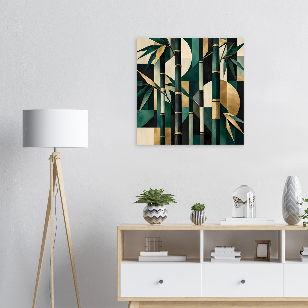 Quadratisches Naturposter mit Bambus-Illustration in Smaragdgrün und Gold, abstrakt