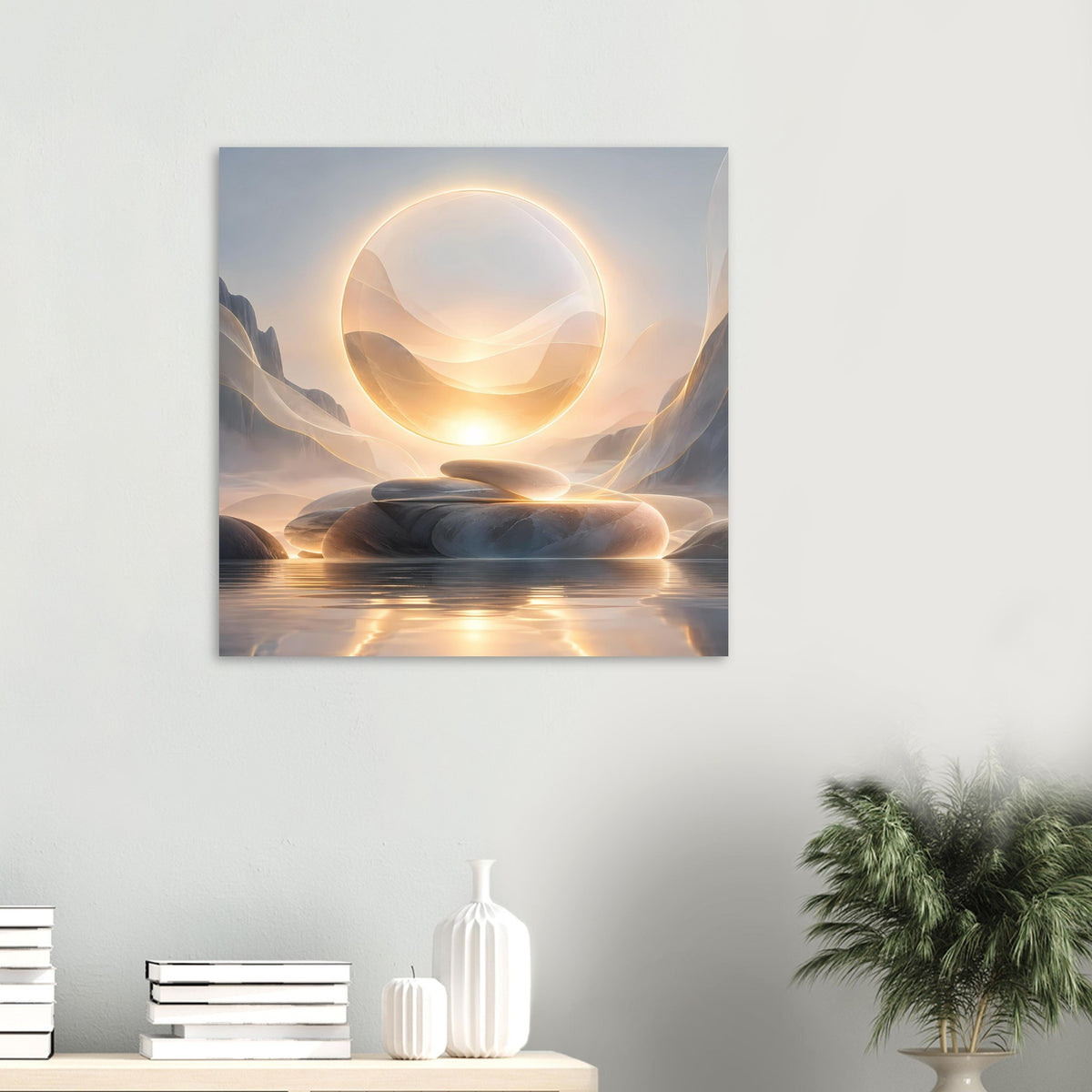 Kleines quadratisches Kunstposter mit goldenem Ring und sanften, geschichteten Formen in Pastell