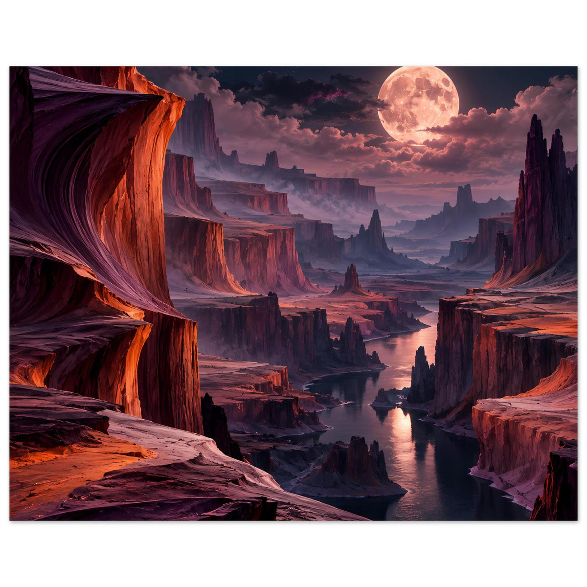Horizontales Landschaftsposter mit Fluss zwischen Canyonwänden, rotem Licht an den Felsen