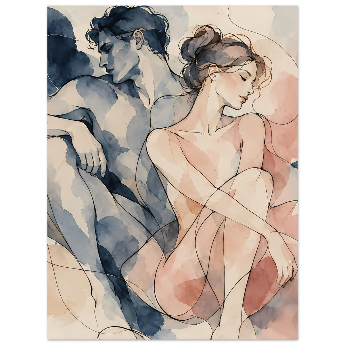 Aquarell-Paarposter im Hochformat: Paar in Blau und Rosa, Blick nach innen, mit Verlaufsschattierung