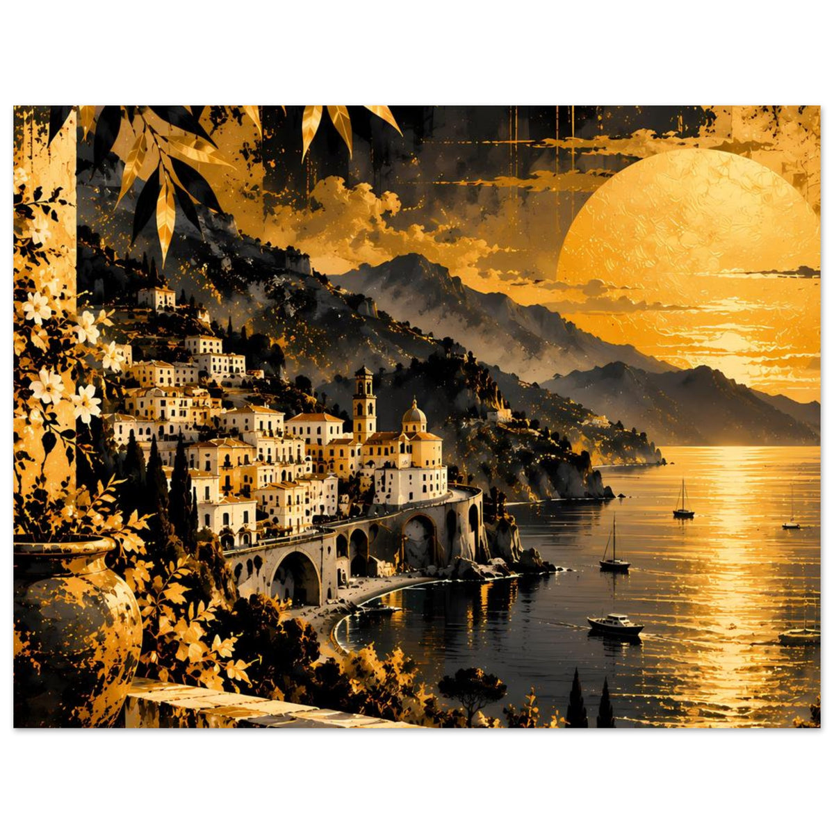 Horizontales Poster mit Küstenort, Sonnenuntergang mit großem Mond und Wasser mit Booten