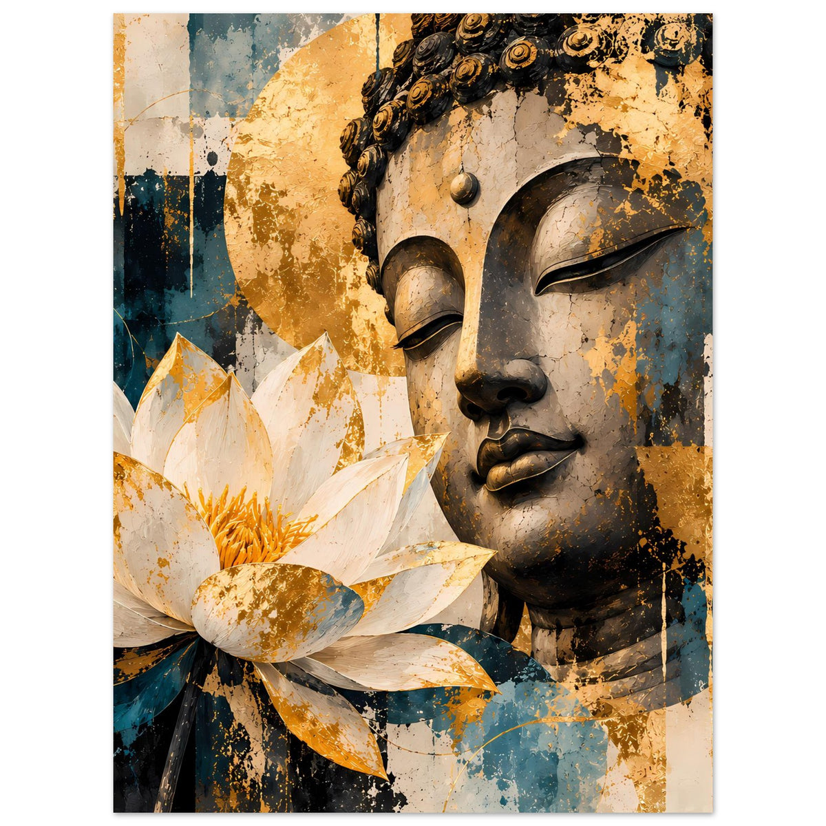 Poster mit Buddha-Gesicht, großer Lotusblüte in Weiß und Gold, abstrahierte Flecken und Linien