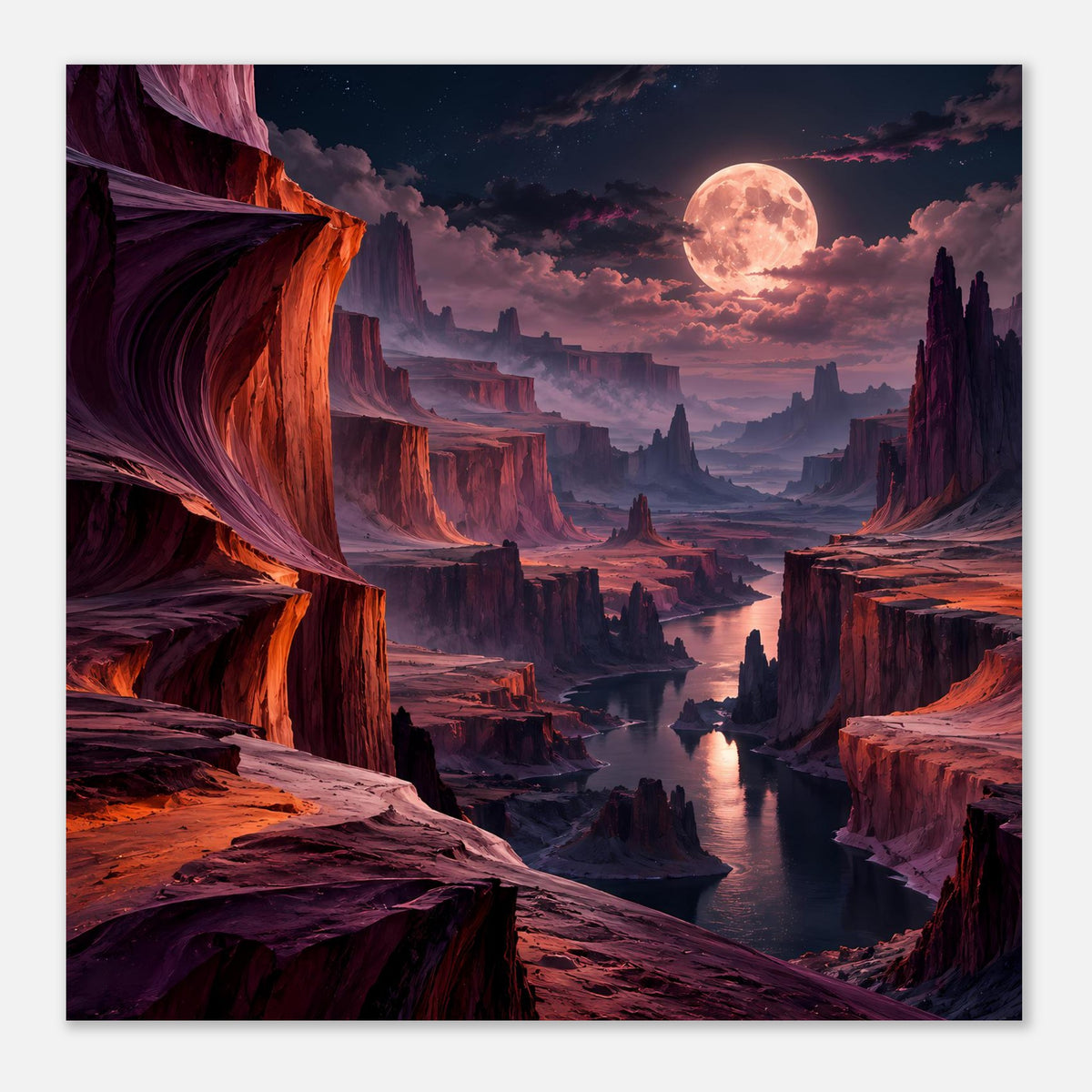 Landschaftsposter im Hochformat mit Canyon, Flussrinne und großem Mond, dunkler Himmel mit Wolken