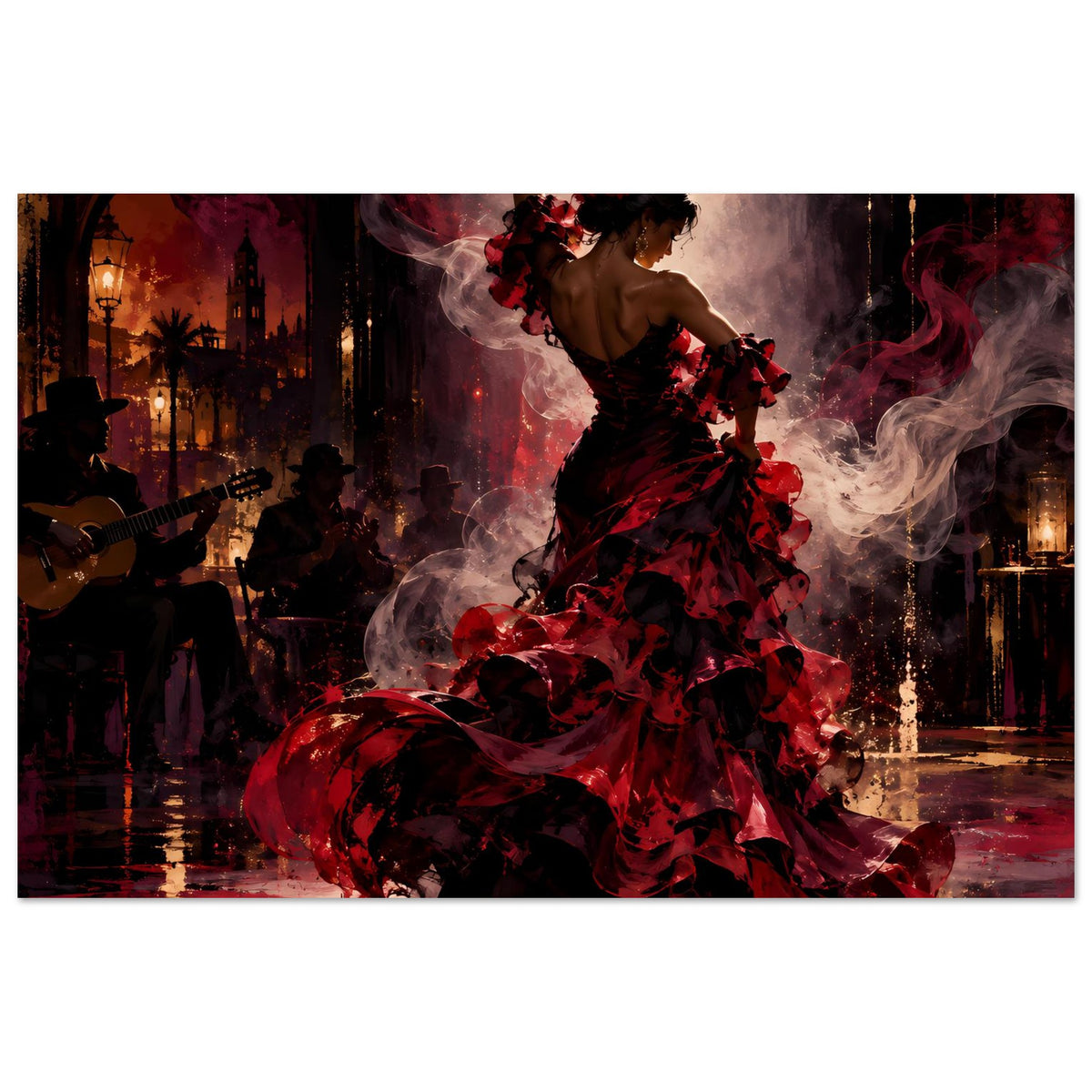 Poster mit Flamenco-Tänzerin im schwarzen Kleid mit roten Rüschen, Drapierung im Feuerrot