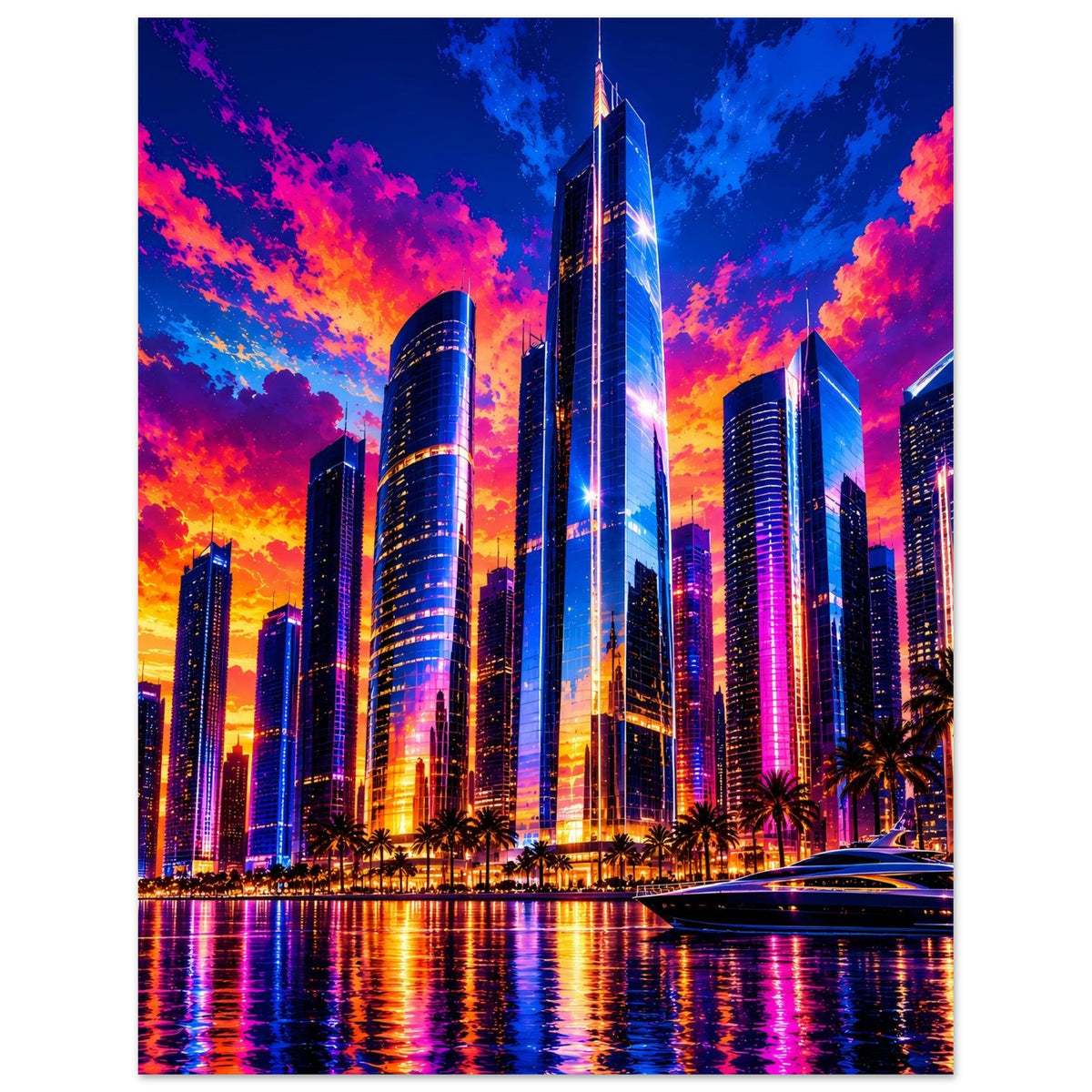 Stadt-Skyline-Poster: leuchtende Hochhäuser bei Sonnenuntergang, Wasserreflexionen und Boot