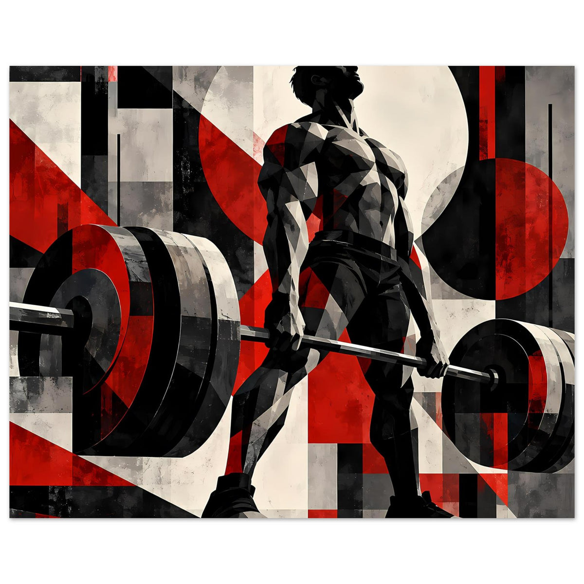 Fitnessposter im Querformat: Hantel und Person, kontrastreiche Schwarz-Rot-Grafik