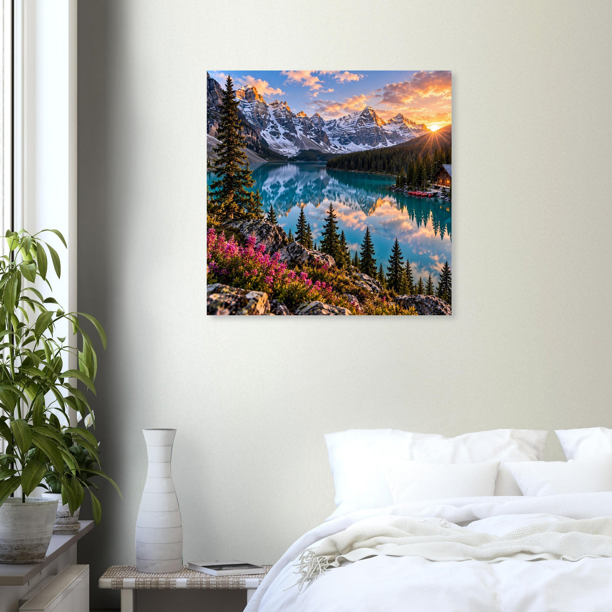 Wandposter im Quadratformat mit Bergsee, verschneiten Bergen, Tannen und Sonnenstrahl