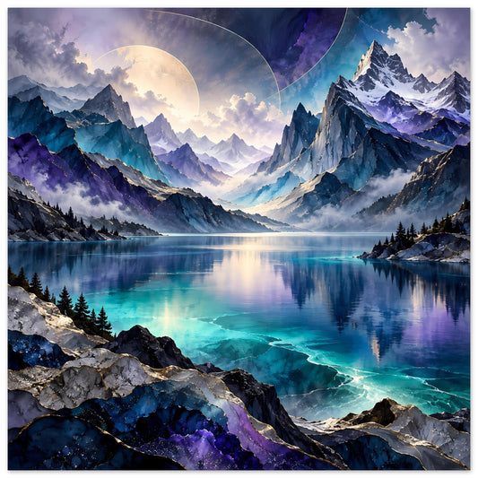 Bergsee-Poster mit mondscheinähnlichem Halbmond, türkisfarbenem Wasser, violetten Bergen und Fichten