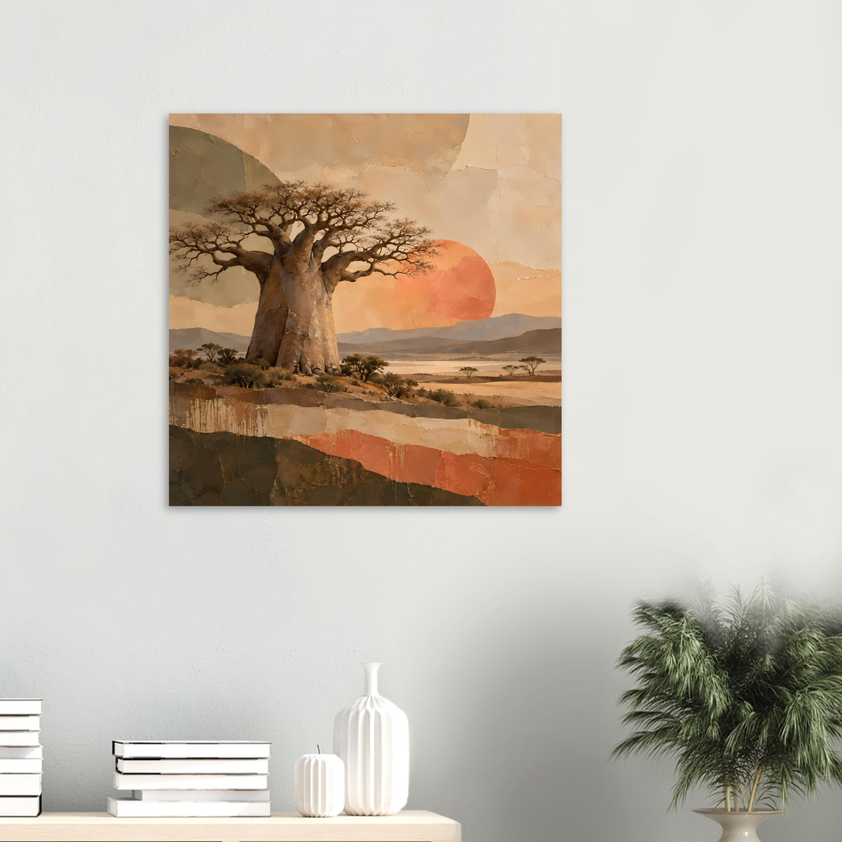 Naturposter mit Baobab-Baum klein gerahmt an der Wand, orangefarbene Sonne im Motiv