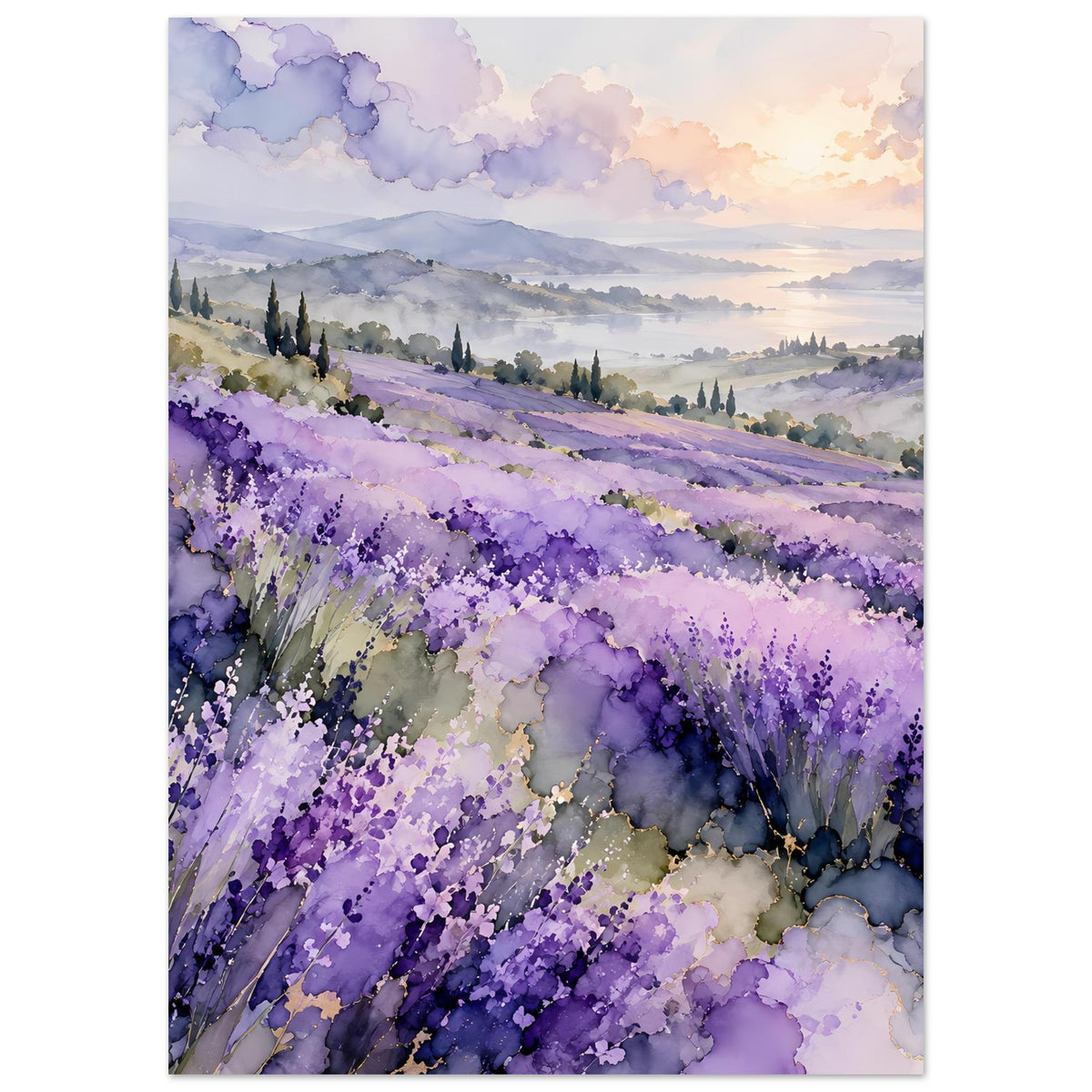 Landschaftsposter mit violetten Lavendelreihen, Dunst über Hügeln und Wolken