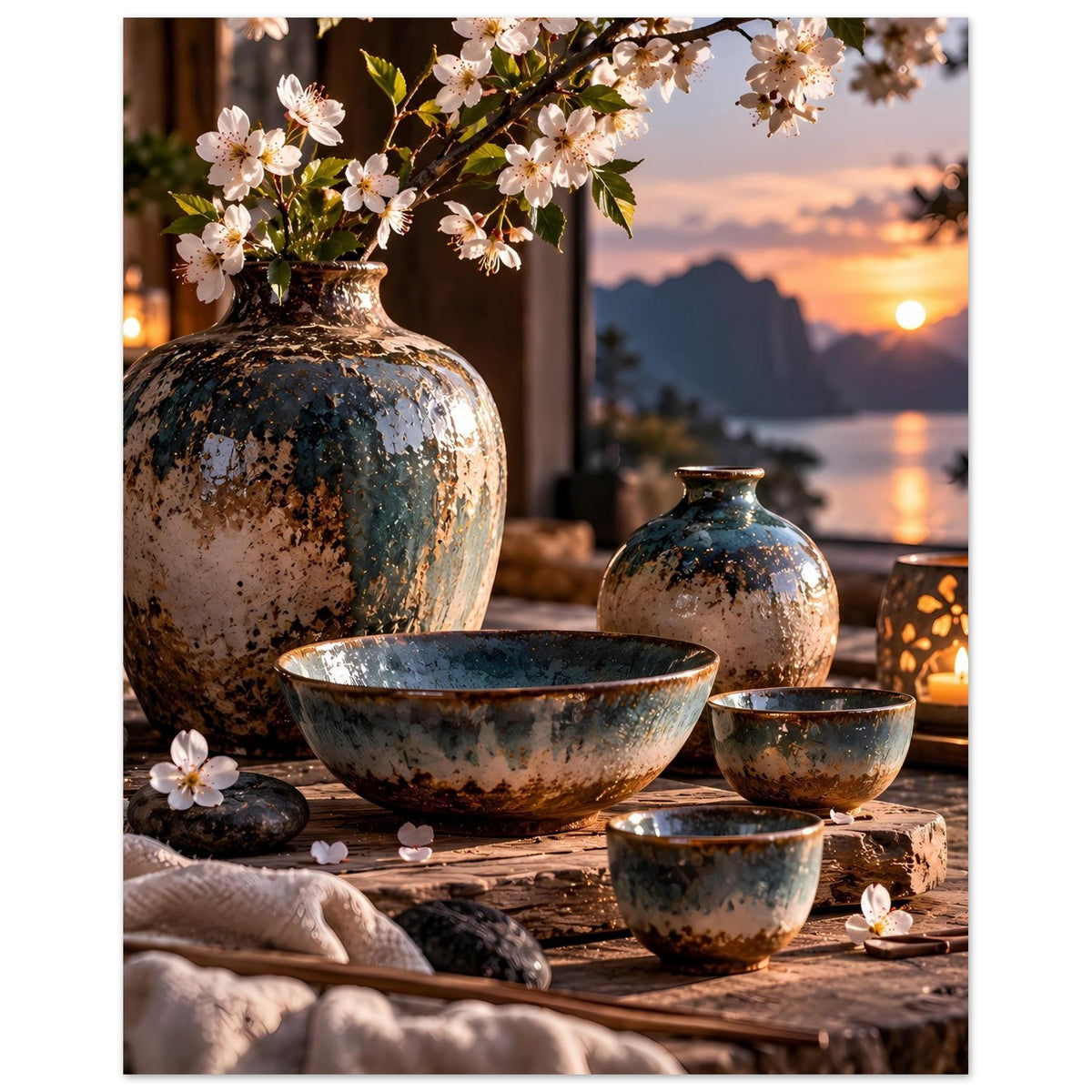 Poster mit japanischer Keramik: große Vase, Schale und Teetassen, Blüten am Rand