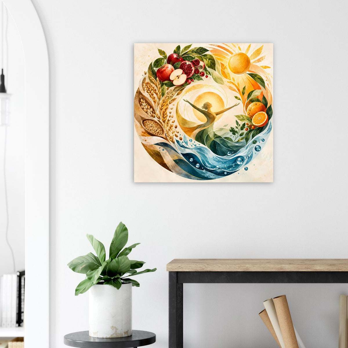Quadratisches Naturposter mit Sonne, Pflanzenzweigen und orange-blauen Wellen
