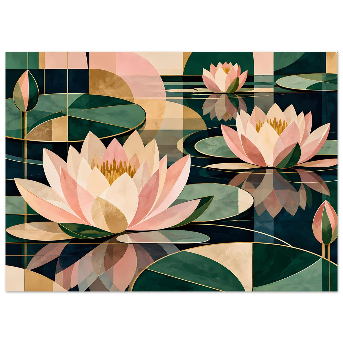 Lotus-Grafikposter mit mehreren Lotusblüten und Blättern in sanften Grün- und Rosatönen