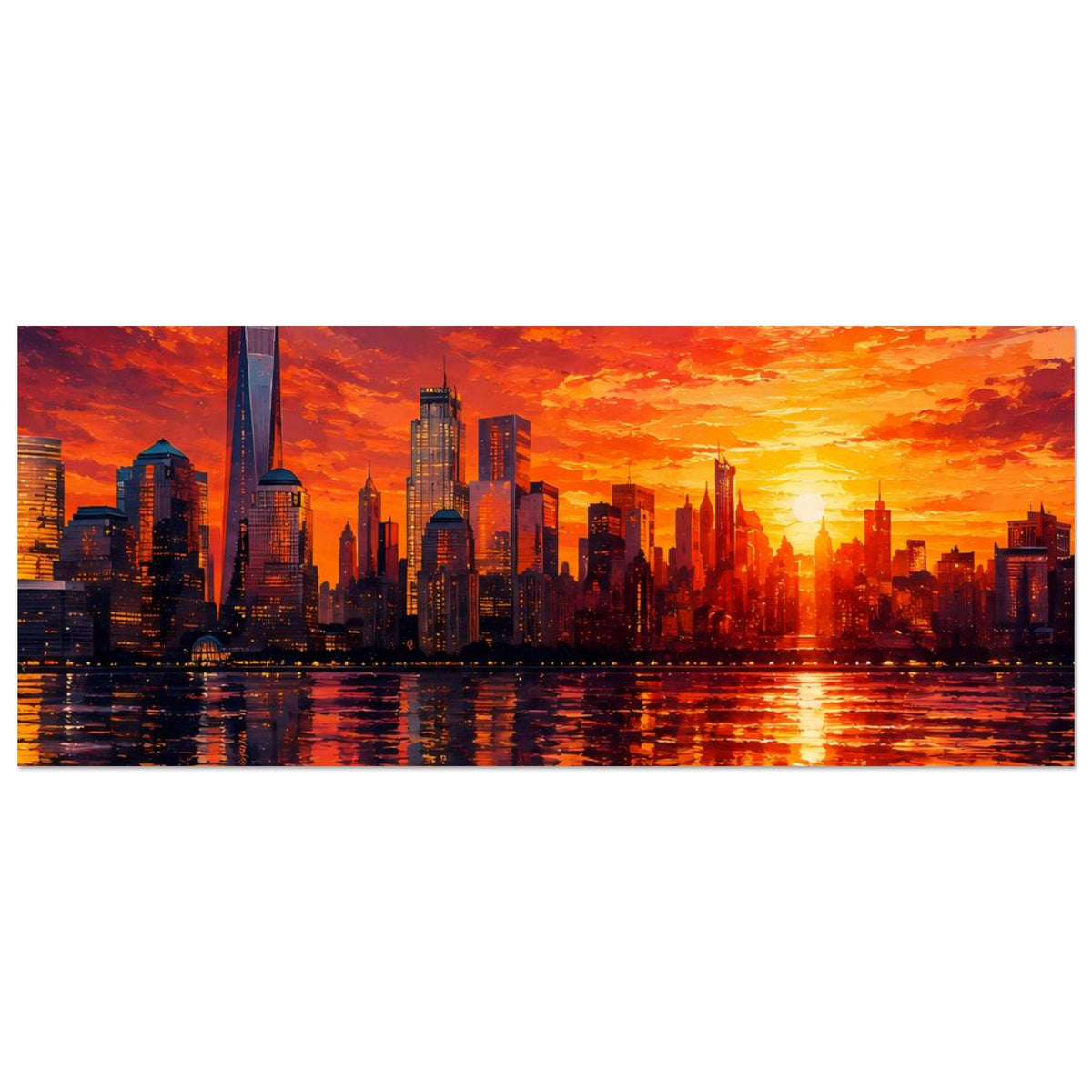 Panorama-Poster mit New York Skyline und One World Trade Center im gelb-orangen Abendhimmel