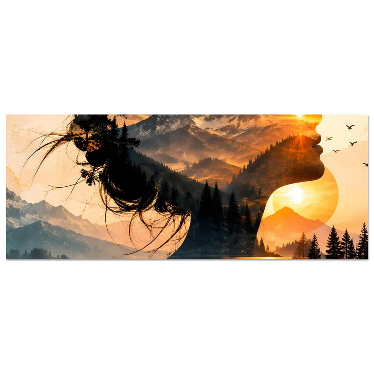Wandposter im Querformat, Ausschnitt mit Frauenprofil, Bergsee und Abendsonne