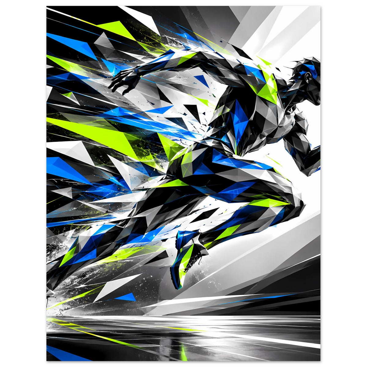 Laufkunst-Poster mit geometrischer Lauffigur, Akzenten in Neon-Grün und Blau