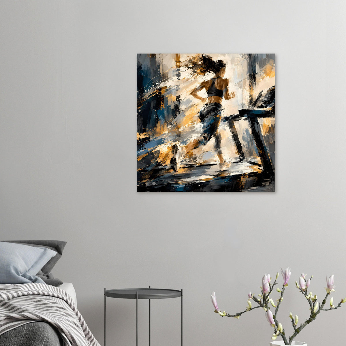 Quadratisches Laufposter mit abstrakter Läuferin in Blau, Schwarz und Gold