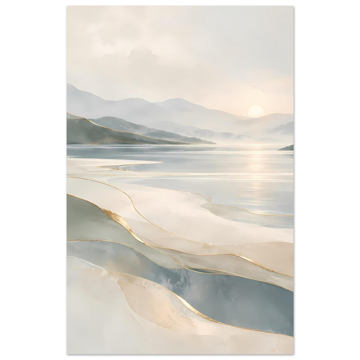 Hochformatiger Kunstdruck Küstenlandschaft mit sanften Wellen, Beige, Grau und goldenen Linien