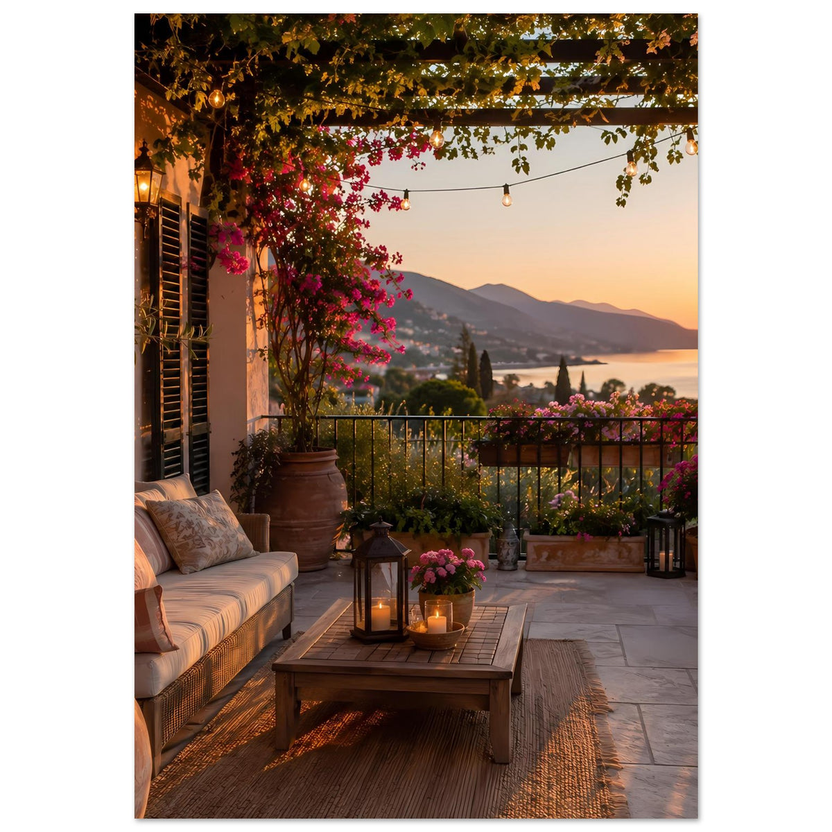 Terrassen-Poster mit Sonnenuntergang, Laterne auf dem Tisch, Blumen und Geländerblick