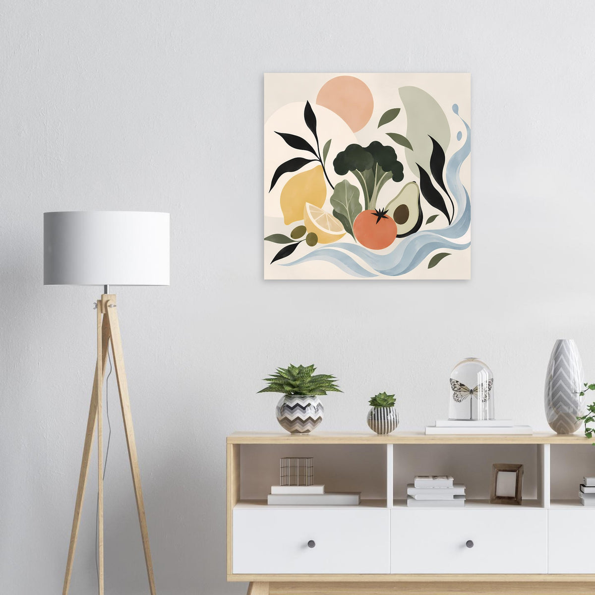 Wandposter mit abstrakter Botanik, Boho-Illustration mit Blättern, Beere und Wellen