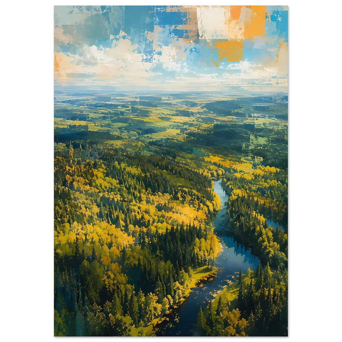 Poster im Hochformat: Herbstwald mit gewundenem Fluss, gelbe Baumkronen und grüne Felder