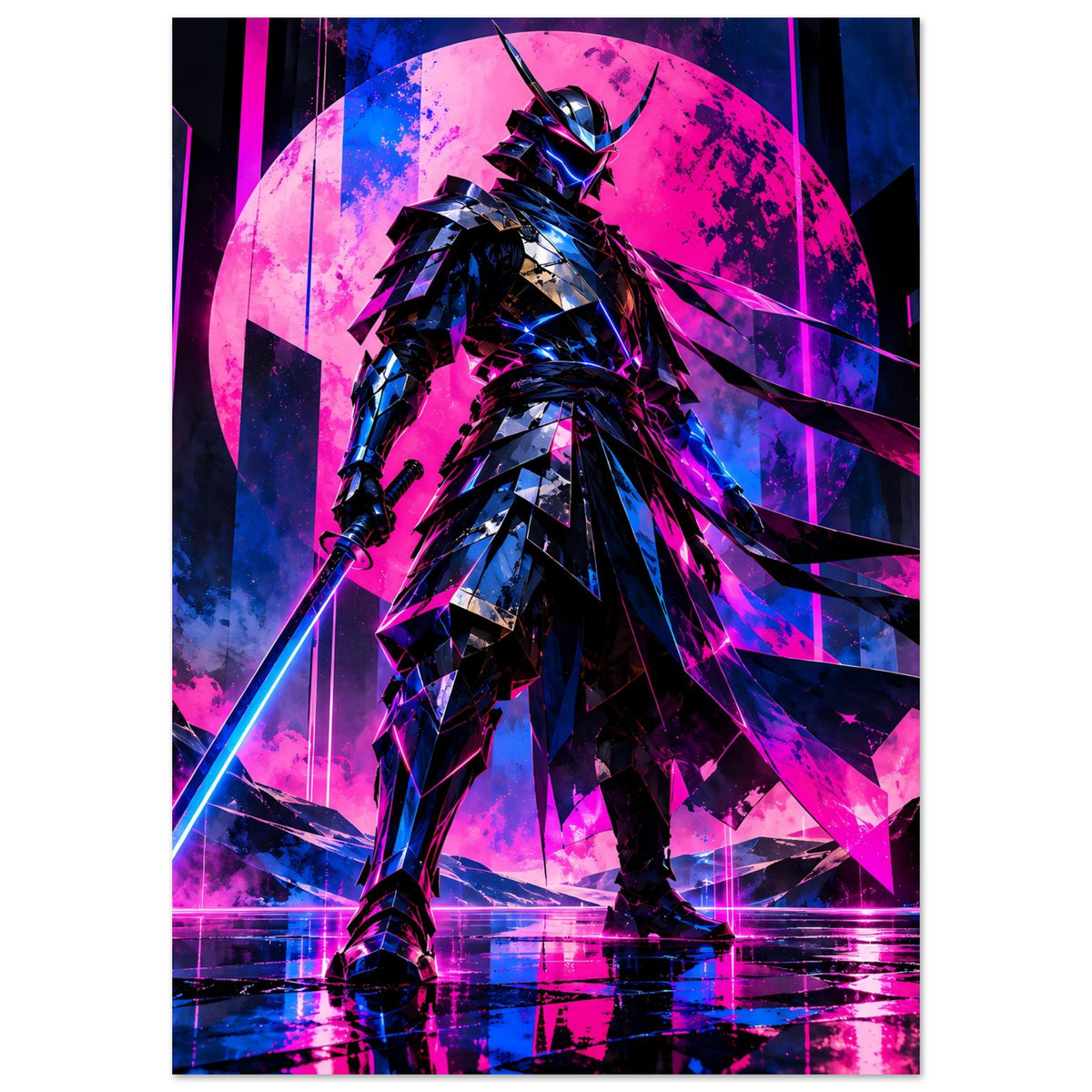 Poster Hochformat: stehender Krieger, dunkle Rüstung, Neon-Pink und Blau im Licht