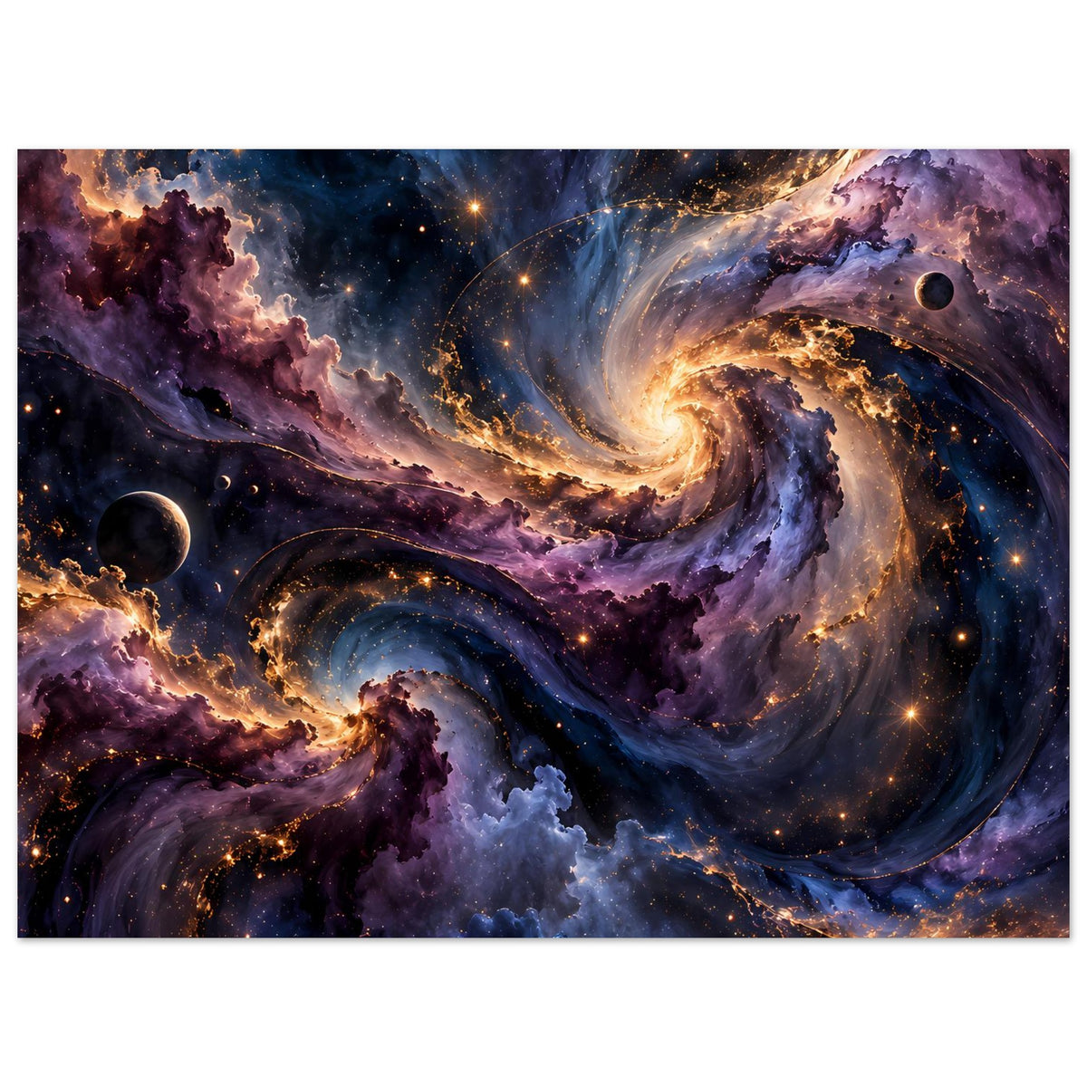 Breites Weltraum-Poster mit Spiralnebel, Planeten, Sternstaub und violetten Nebelflächen