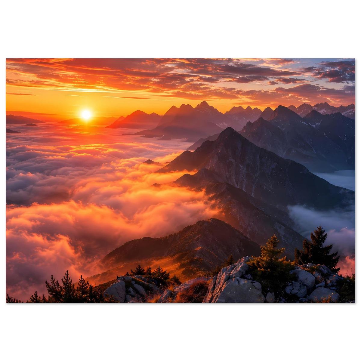 Wandposter (Querformat) mit Sonnenuntergang über Bergkette, Wolken und Felsen