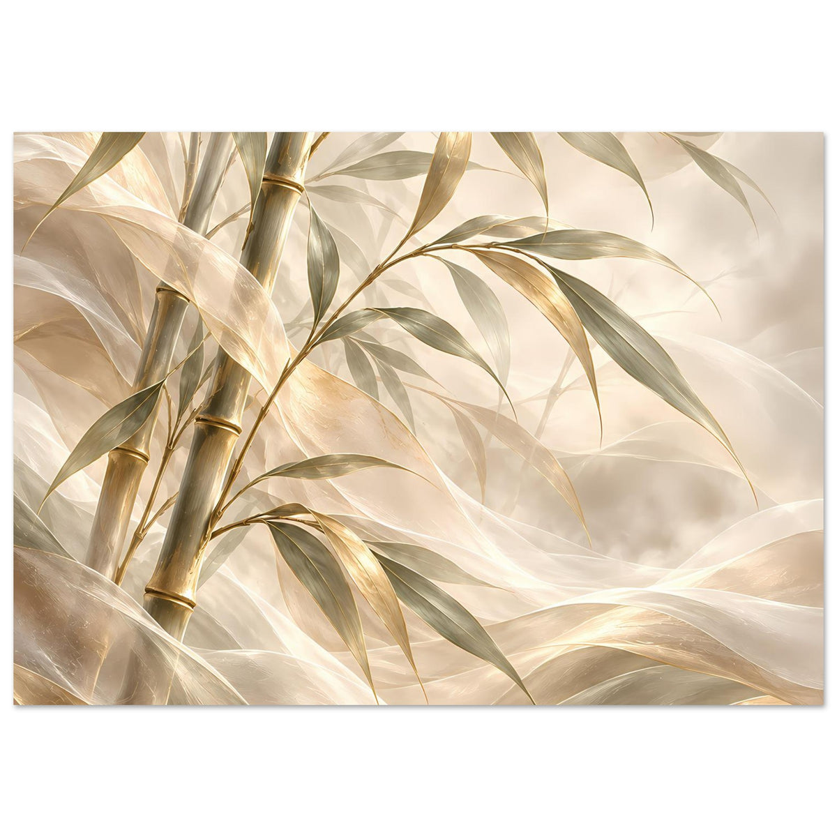 Bambus-Poster mit goldenen Bambusstangen und grünen Blättern auf elfenbeinfarbenem Hintergrund