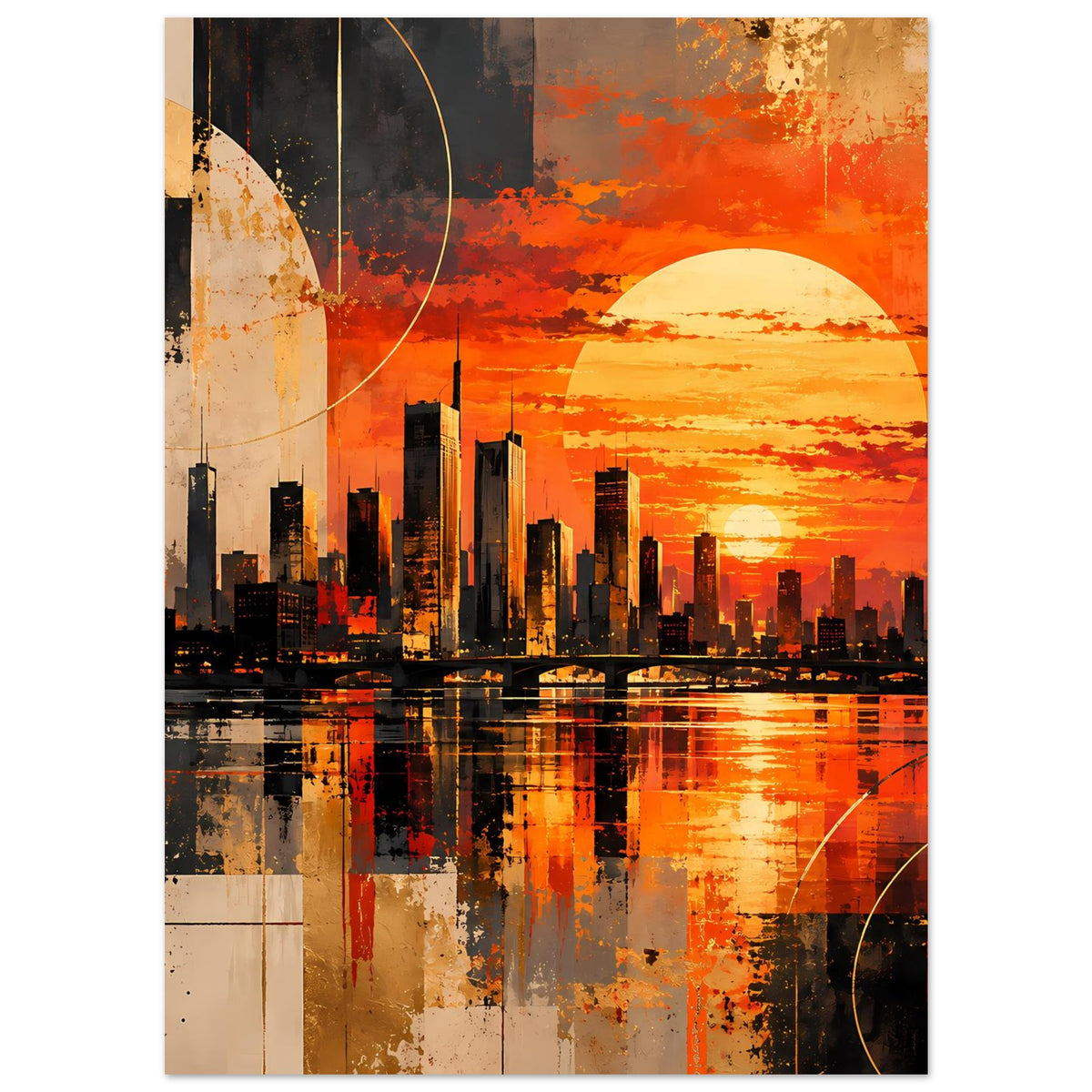 Poster im Hochformat mit Stadtsilhouette, orange-rotem Farbverlauf und Sonnenscheibe am Horizont