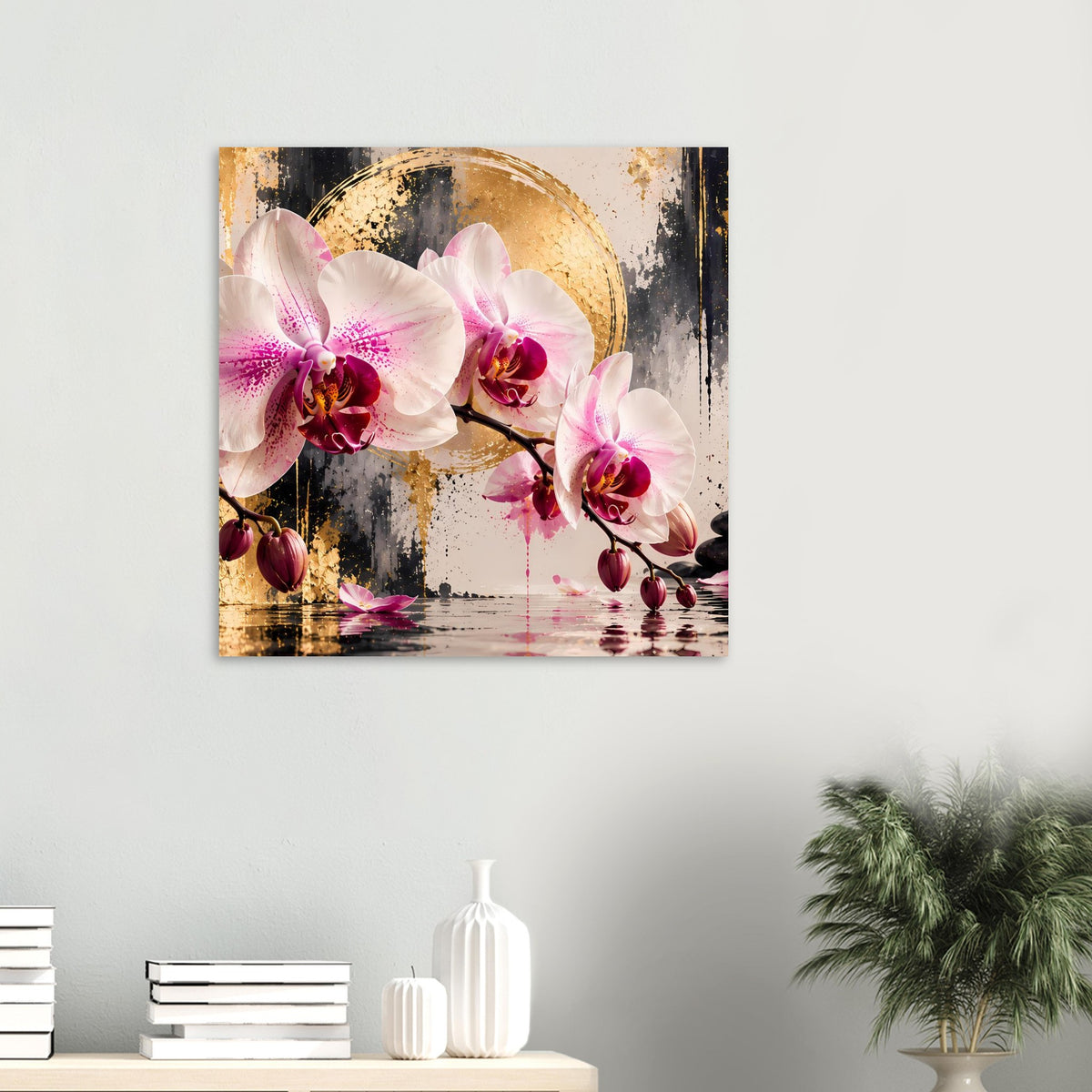 Orchideen-Poster im Querformat mit weißen Orchideenblüten und goldfarbenen Sprenkeln