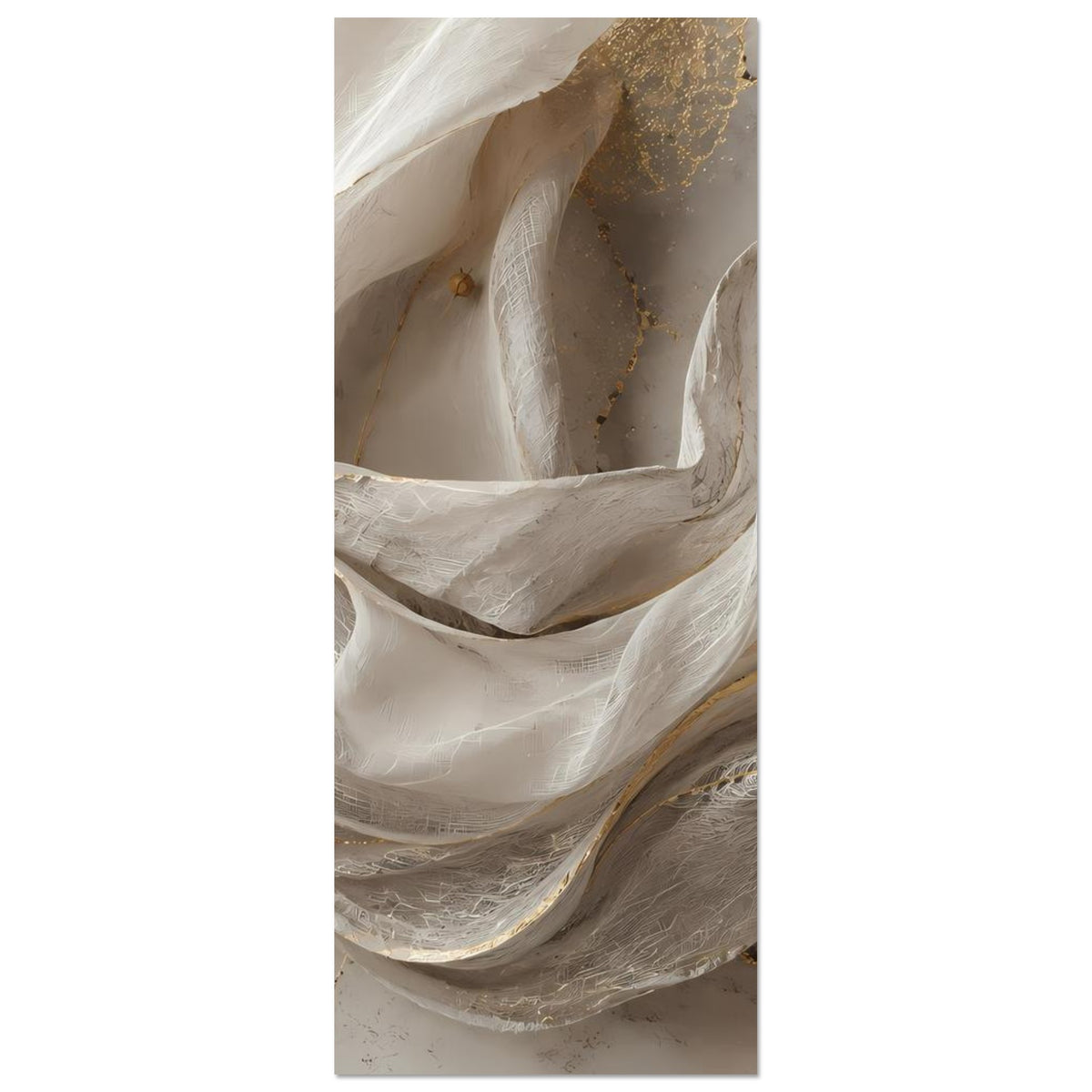 Abstraktes Poster im Hochformat: elfenbeinweiße Wellen, goldene Akzente im Hintergrund