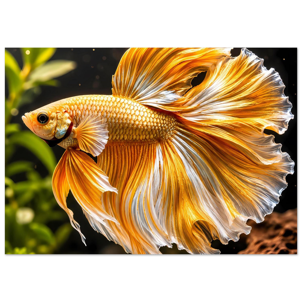 Poster mit goldfarbenem Betta-Kampffisch und leuchtend goldenen Flossen, weißer Rand