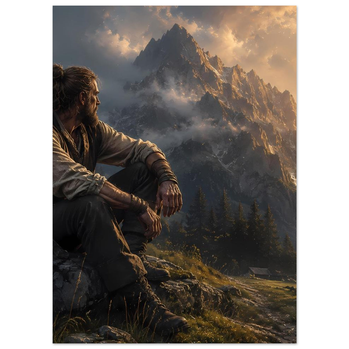 Vertikales Poster: Mann in Jacke sitzt am Felsen, Berge im Hintergrund