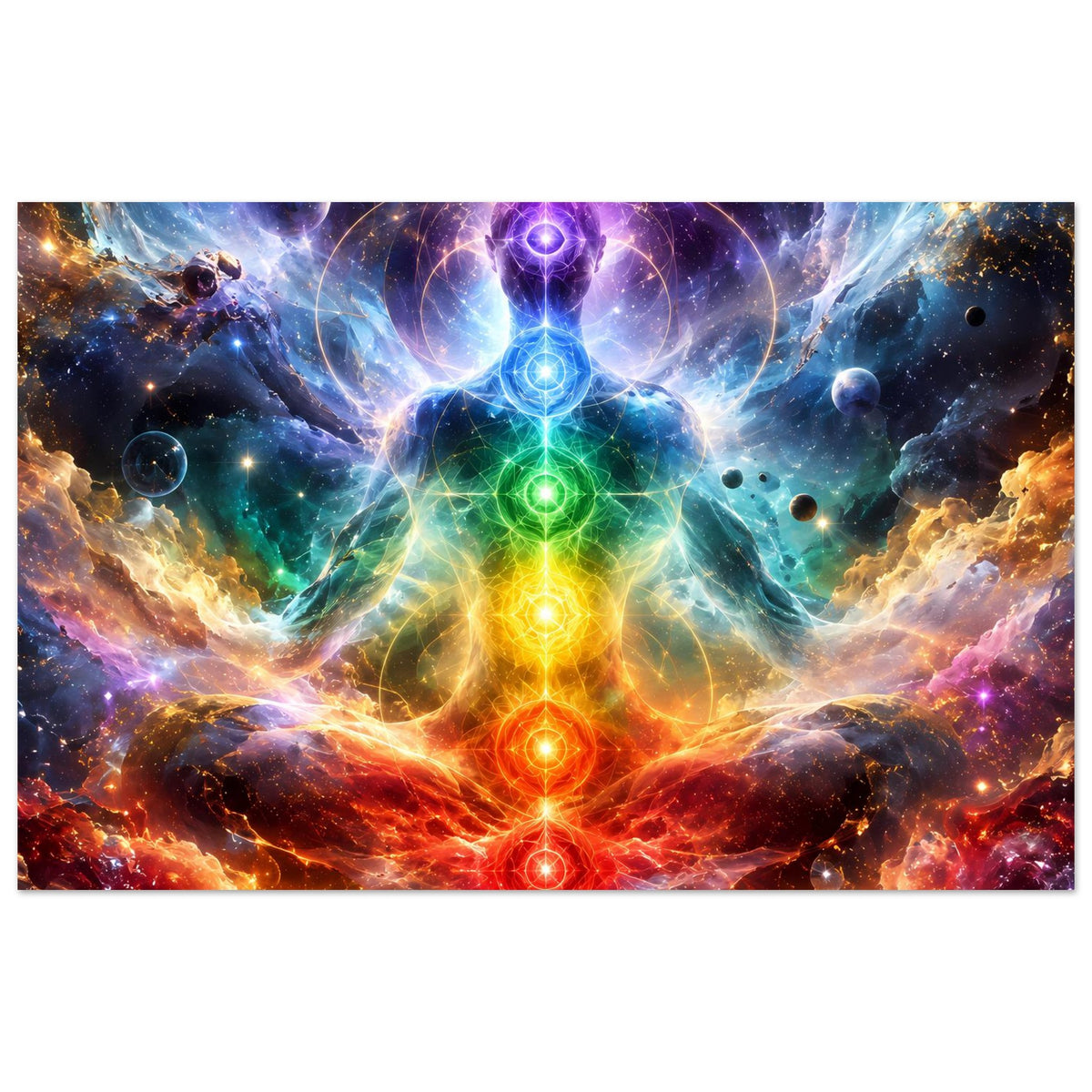 Meditationsposter mit bunt schimmerndem Chakra-Kern und Energieaureolen im Weltraum