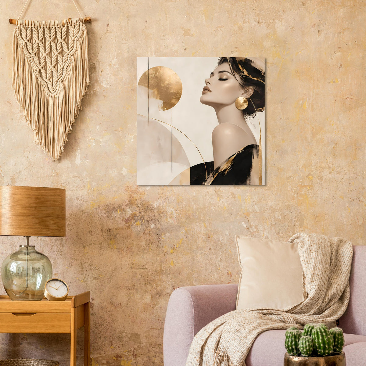 Wandposter mit Profil-Porträt einer Frau und goldenen Kreisen, quadratisch