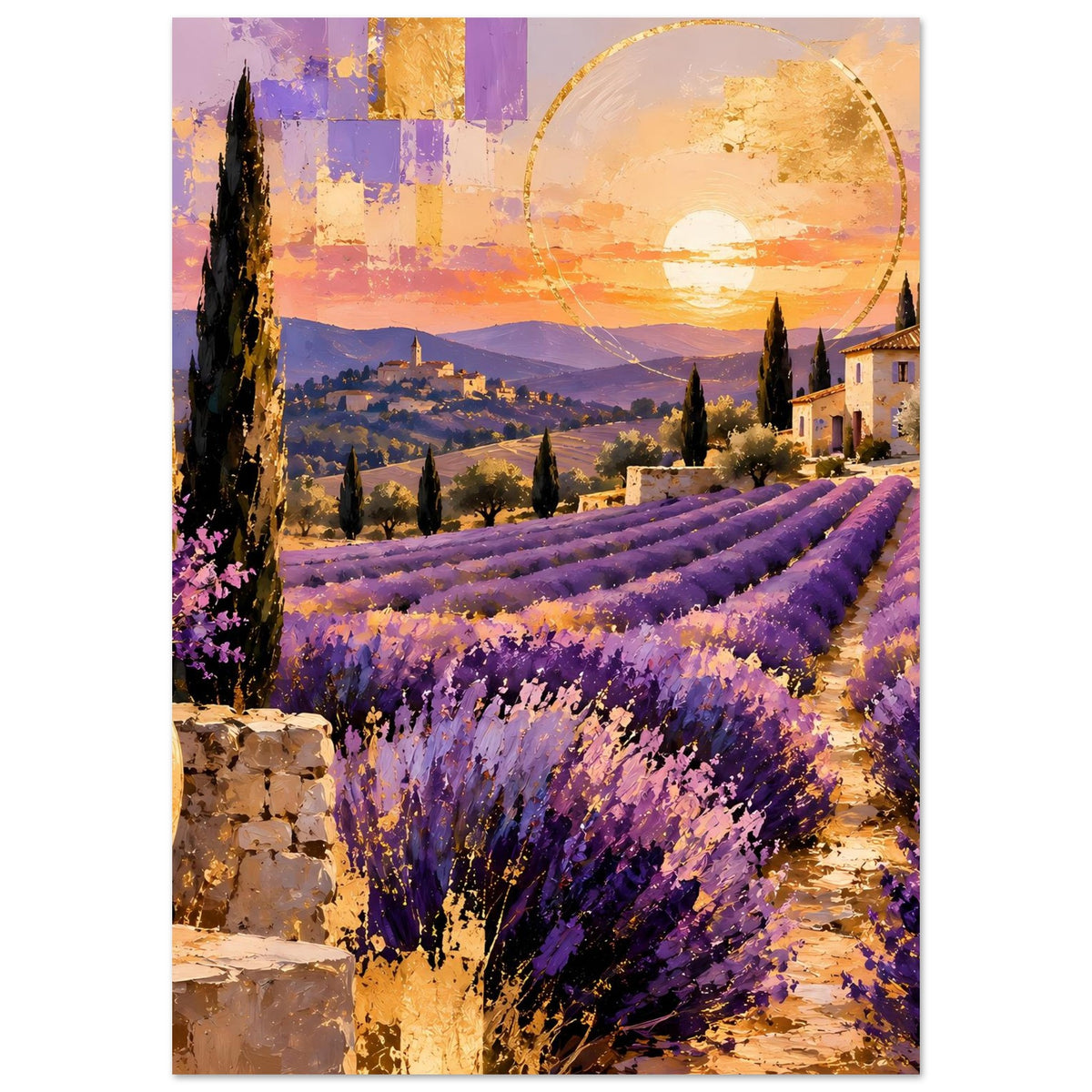 Kunstdruck-Poster mit Lavendelfeld, Zypressen, Landhaus und goldenem Sonnenkreis im Abendhimmel