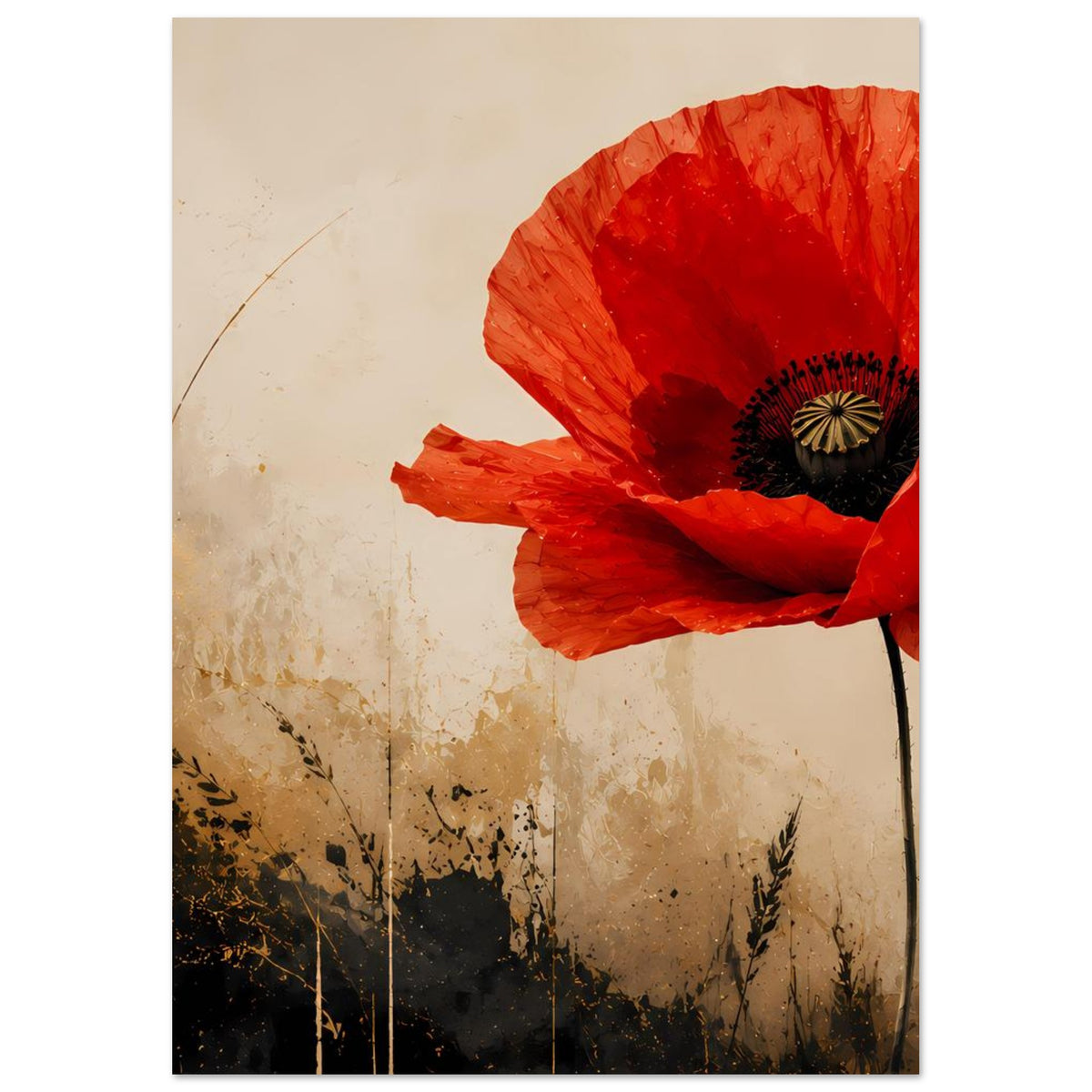 Hochformatiges Poster mit roter Mohnblume, schwarzem Blütenkern und Stiel