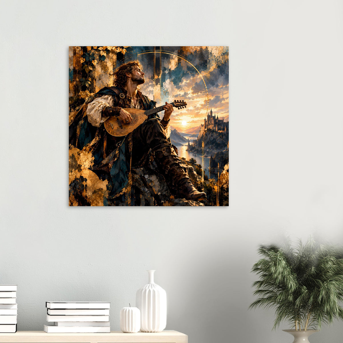 Kleines quadratisches Poster mit Barde und Gitarre, Sonnenuntergang über Schloss